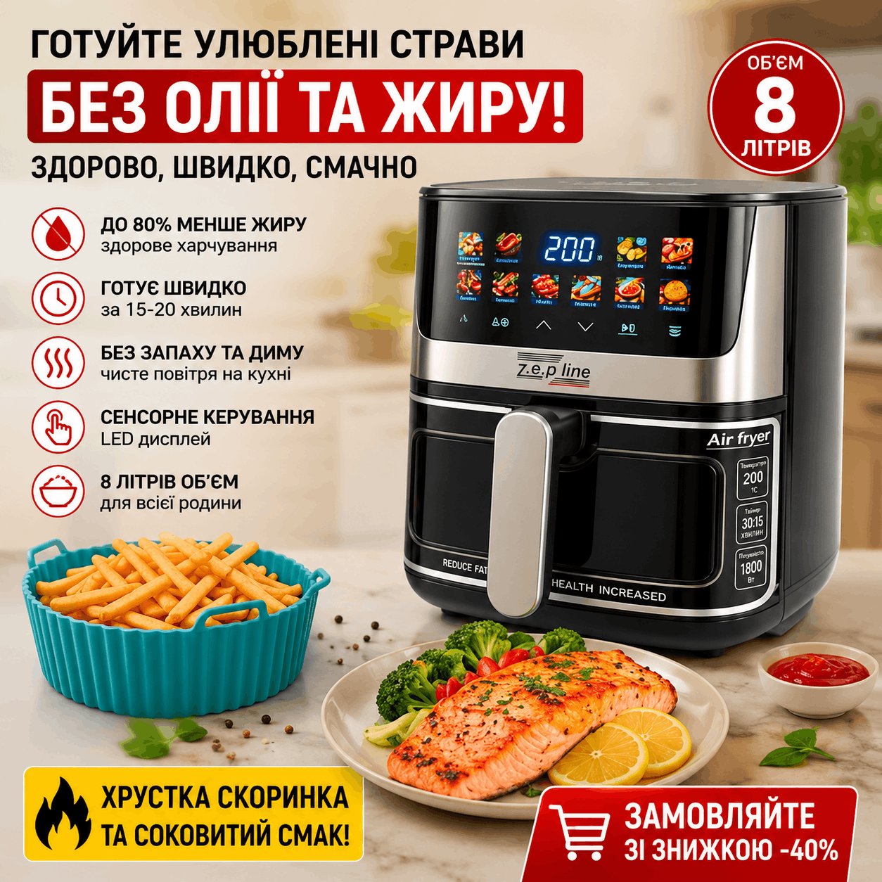 Фритюрниця 8л з ДВОМА ТЕНАМИ 2200 Вт Zepline ZP-00351